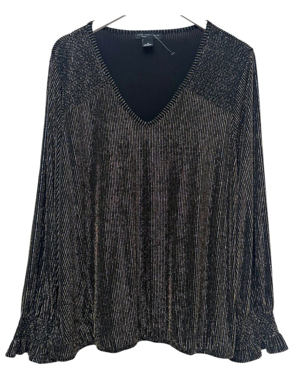 JOAN VASS Metallic Top Plus Size 2X Black Gold Long Sleeve Stretch Evening Blous